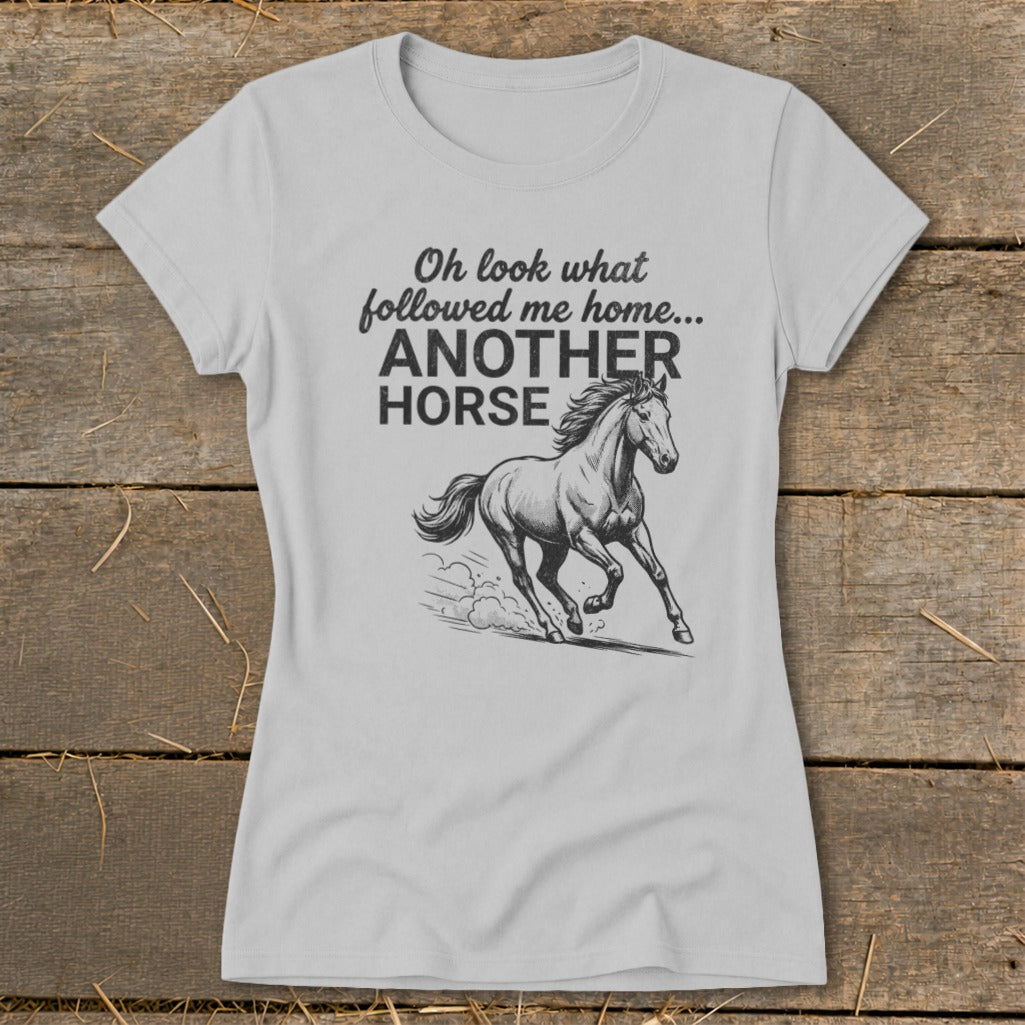 Light gray t-shirt with "Oh look what followed me home... ANOTHER HORSE" and horse graphic.