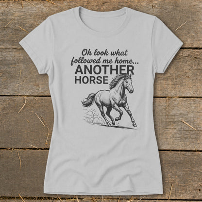 Light gray t-shirt with "Oh look what followed me home... ANOTHER HORSE" and horse graphic.