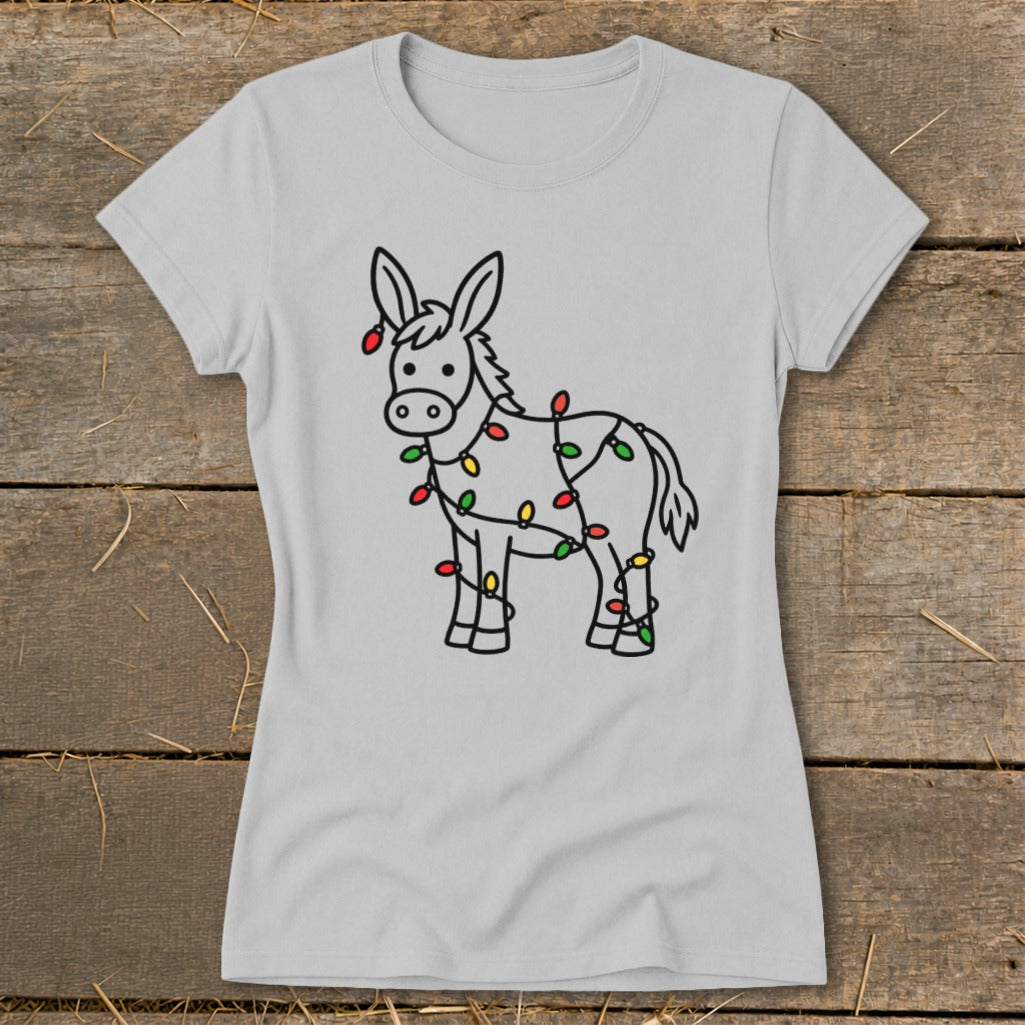 Light gray t-shirt with a black line drawing of a donkey wrapped in colorful Christmas lights.