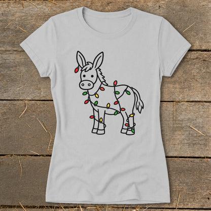 Light gray t-shirt with a black line drawing of a donkey wrapped in colorful Christmas lights.