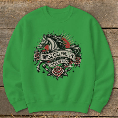Green sweatshirt with horse, roses, and text "HORSE GIRL FOR LIFE RIDE OR DIE".