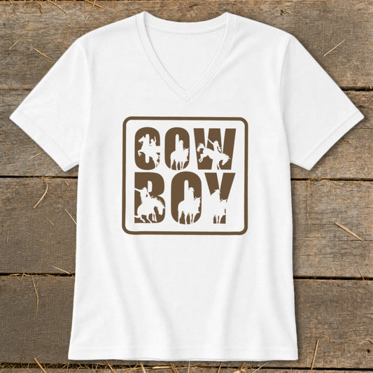 White v-neck t-shirt with brown cowboy graphic and text.