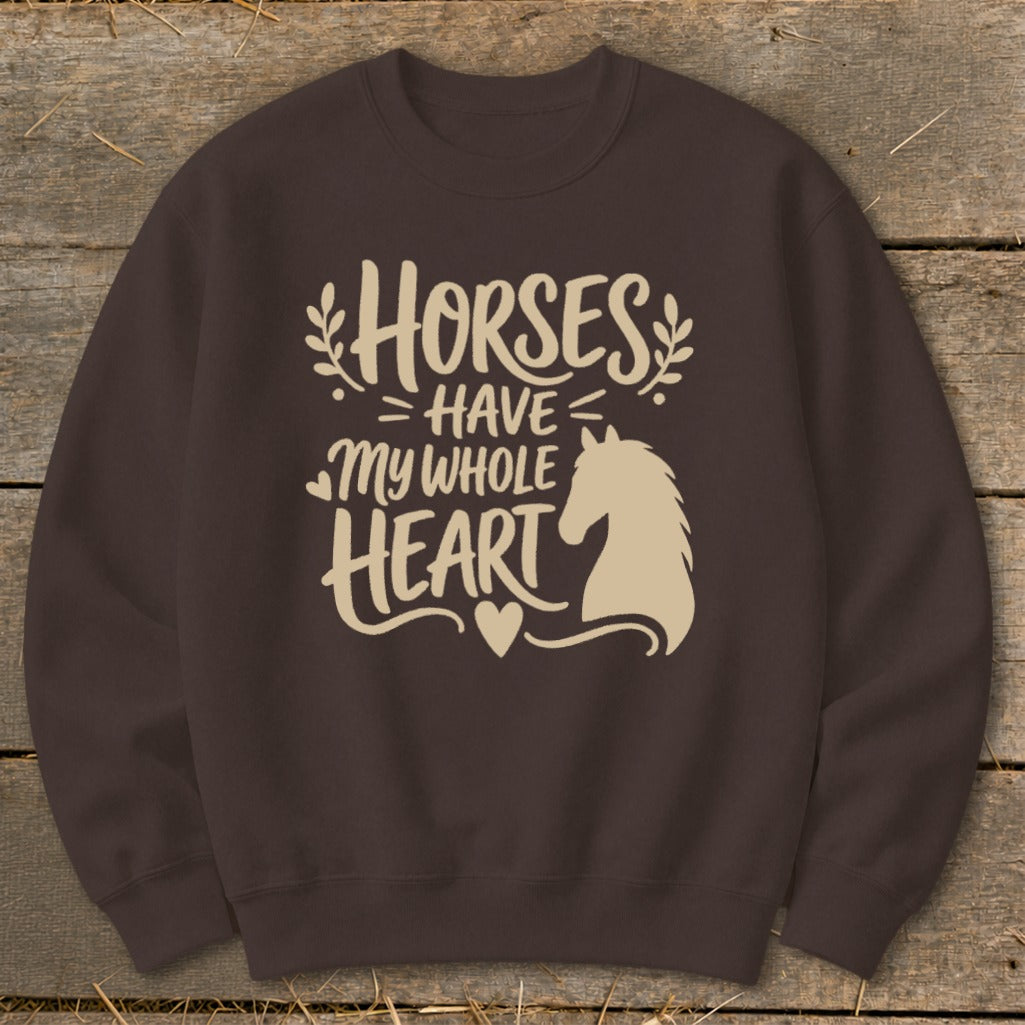 Brown sweatshirt with "Horses Have My Whole Heart" and horse graphic.