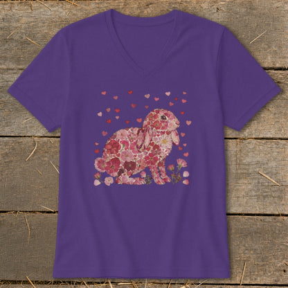 Purple t-shirt with a floral bunny design and scattered hearts.