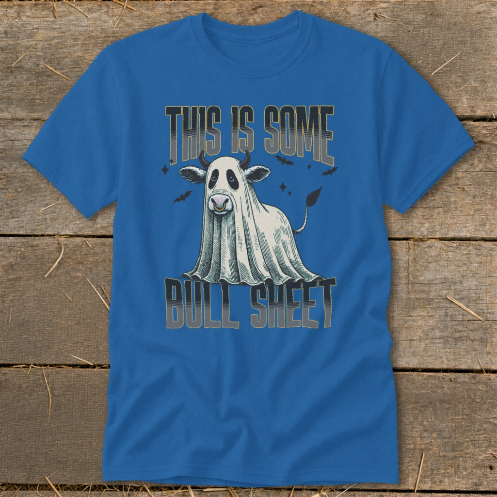 Blue t-shirt with ghost cow graphic and text "This Is Some Bull Sheet".