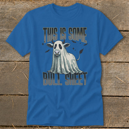 Blue t-shirt with ghost cow graphic and text "This Is Some Bull Sheet".