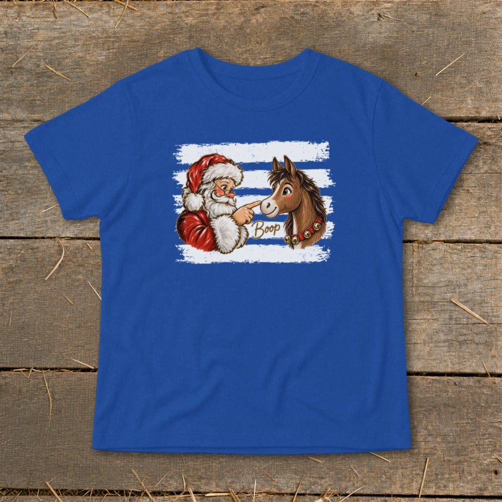 Santa boops a horse's nose with the word "Boop" on a blue t-shirt.