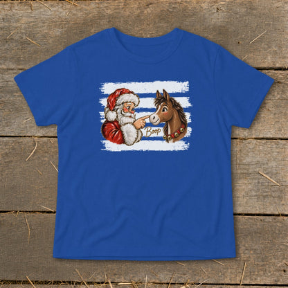 Santa boops a horse's nose with the word "Boop" on a blue t-shirt.