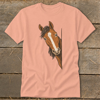 Peach t-shirt with a brown horse peeking from the right side.