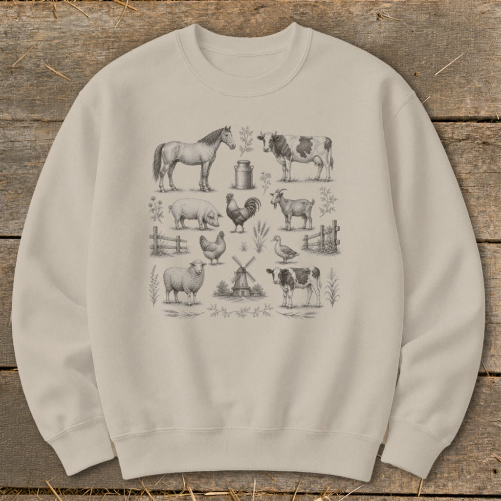 Crewneck sweatshirt with a charcoal sketch print of farm animals and windmill.
