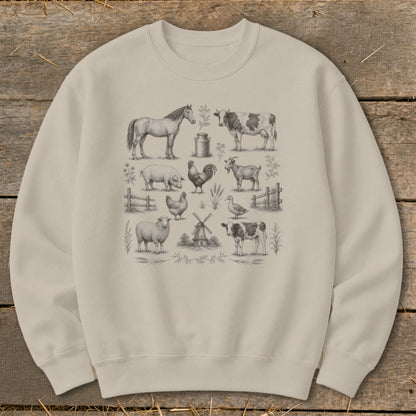 Crewneck sweatshirt with a charcoal sketch print of farm animals and windmill.