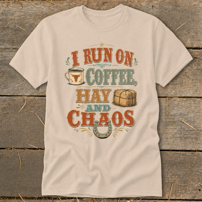 T-shirt graphic: "I run on coffee, hay and chaos" with illustrations.