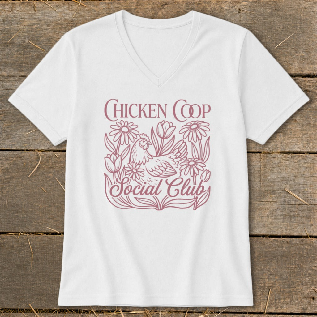 White t-shirt with "Chicken Coop Social Club" text and chicken and flowers graphic.