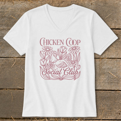 White t-shirt with "Chicken Coop Social Club" text and chicken and flowers graphic.