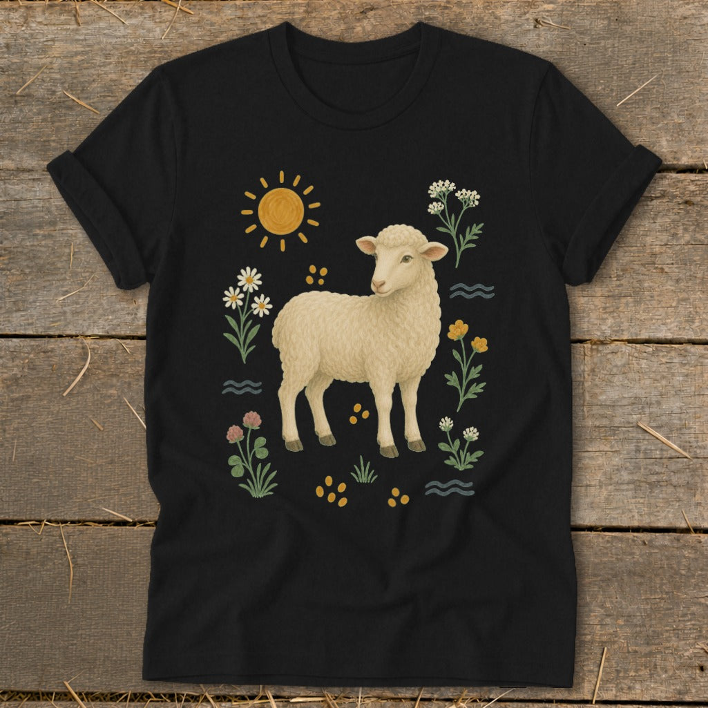 Black t-shirt with a watercolor illustration of a sheep among flowers and sun.