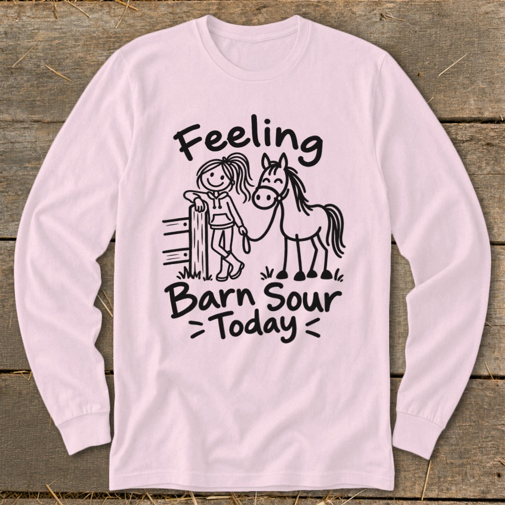 Long sleeve pink shirt with "Feeling Barn Sour Today" text and stick figure girl with horse graphic.
