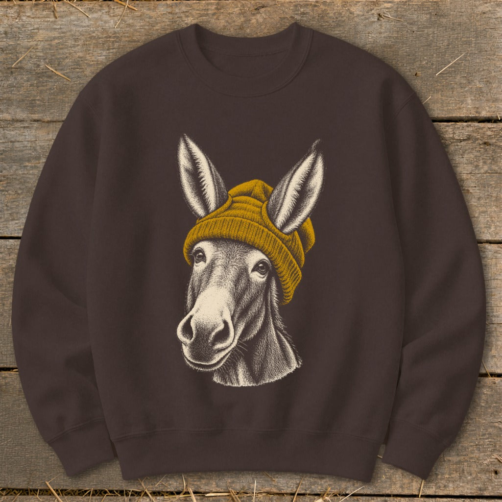 Donkey with a yellow beanie on a brown sweatshirt.