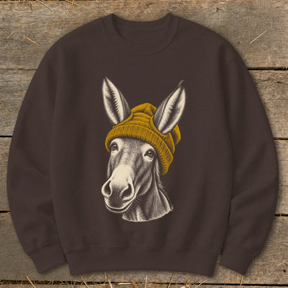 Donkey with a yellow beanie on a brown sweatshirt.