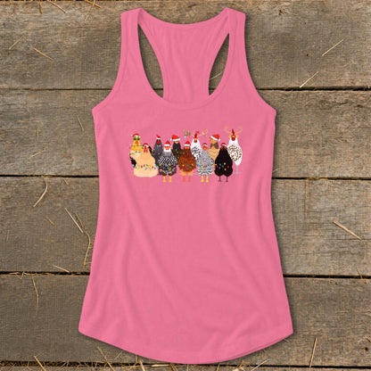 Pink tank top featuring a festive flock of chickens wearing Santa hats and Christmas lights.