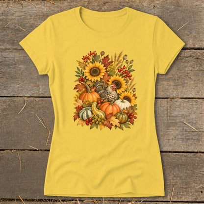 Yellow t-shirt with a watercolor illustration of autumn harvest with chickens.