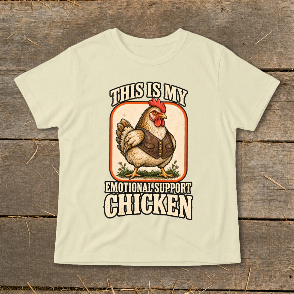 T-shirt with a chicken graphic and text "This is my Emotional Support Chicken".