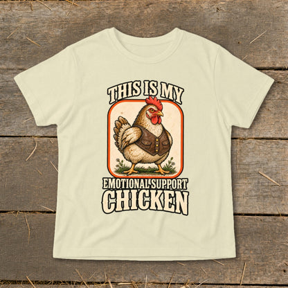 T-shirt with a chicken graphic and text "This is my Emotional Support Chicken".