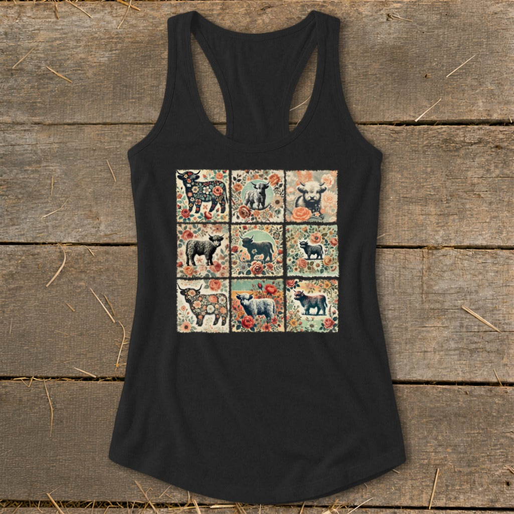 Black tank top with a grid of nine floral-themed Highland cow illustrations.