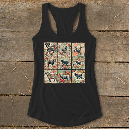 Black tank top with a grid of nine floral-themed Highland cow illustrations.