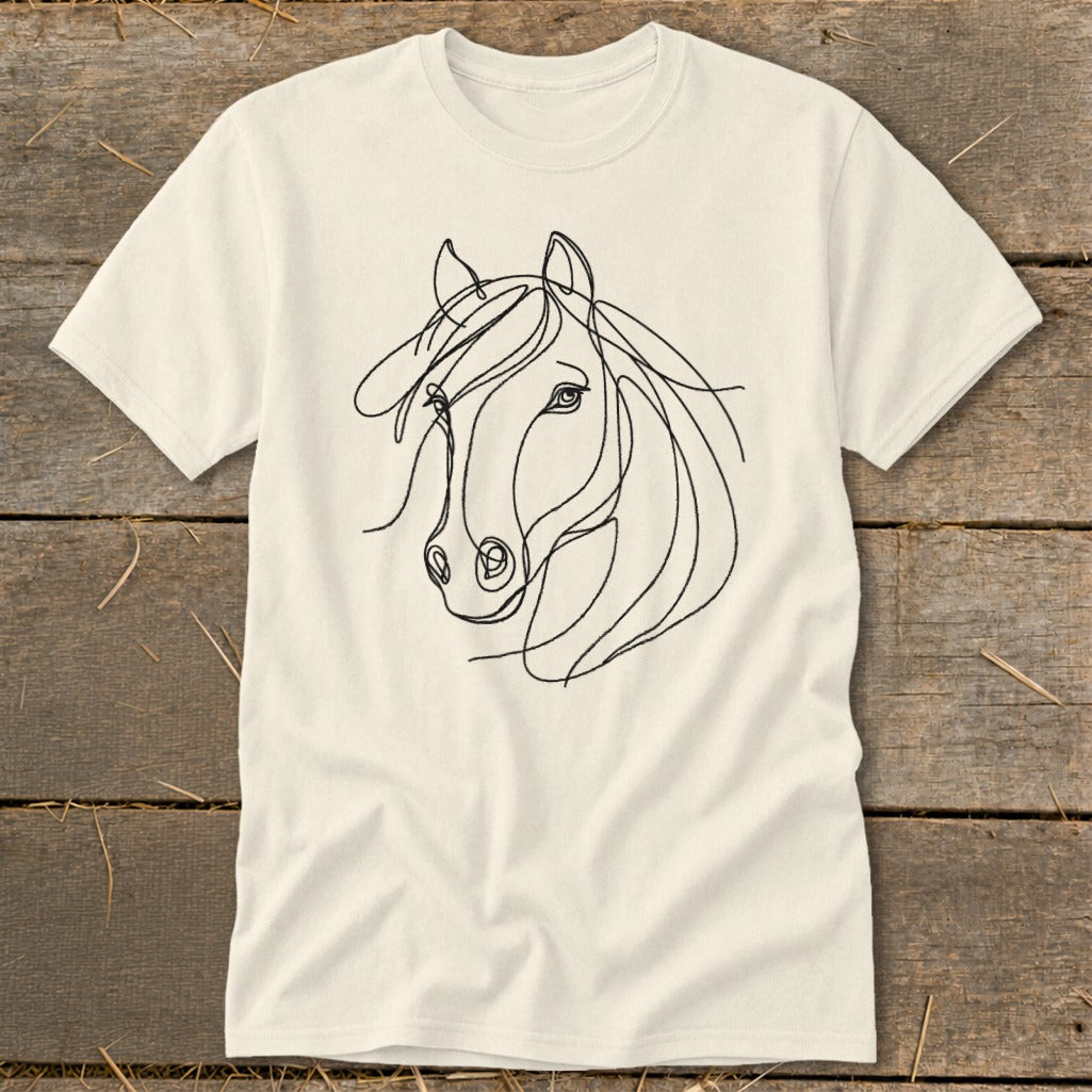 Cream t-shirt with black single-line drawing of a horse's head