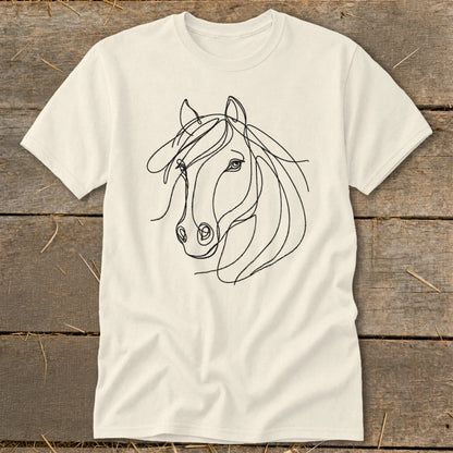Cream t-shirt with black single-line drawing of a horse's head