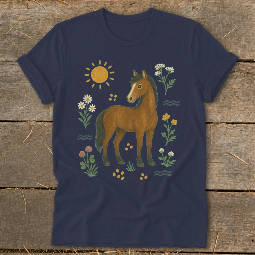 Navy t-shirt with a brown horse surrounded by flowers, sun, and yellow dots.