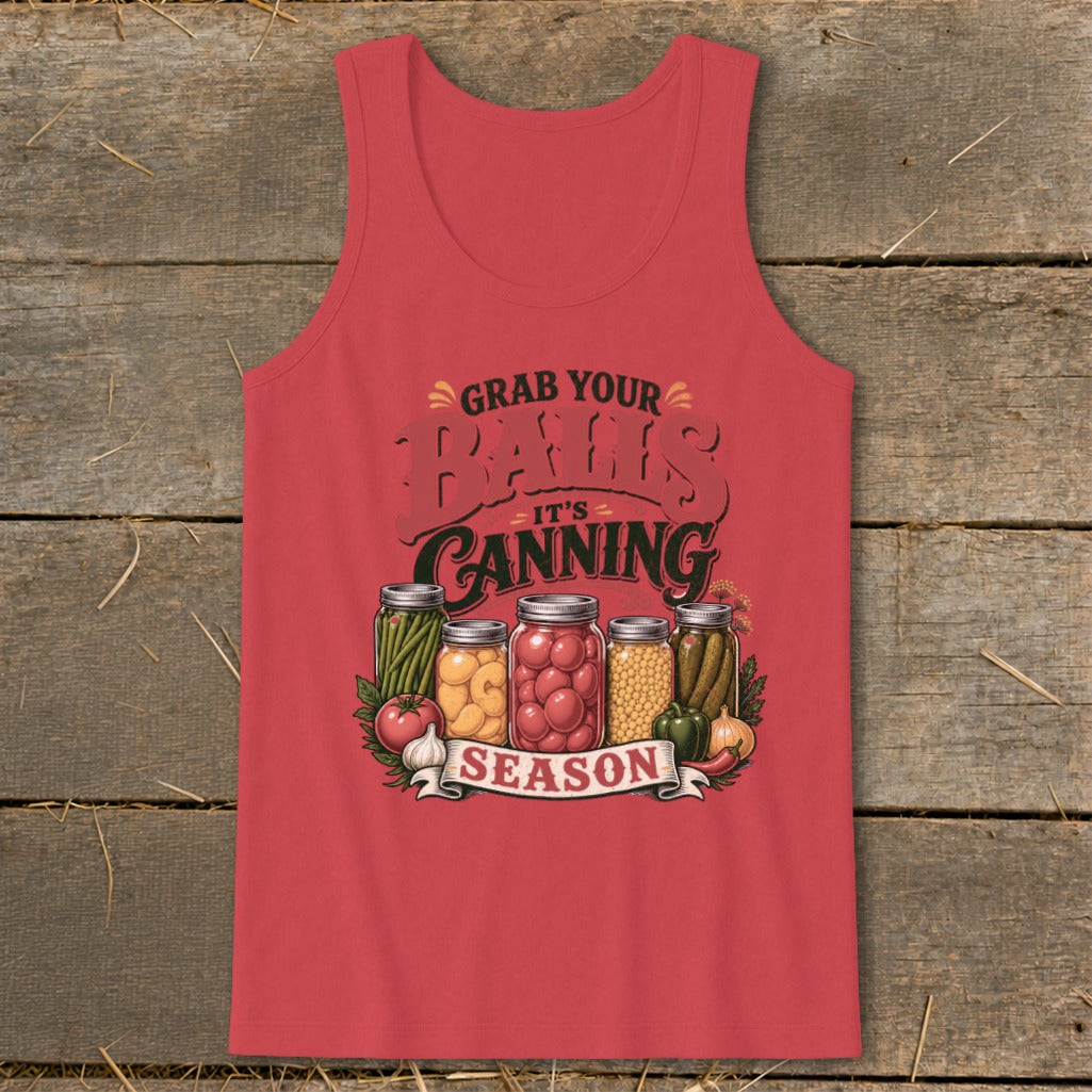 Red tank top with graphic "Grab Your Balls It's Canning Season" and jars of vegetables.