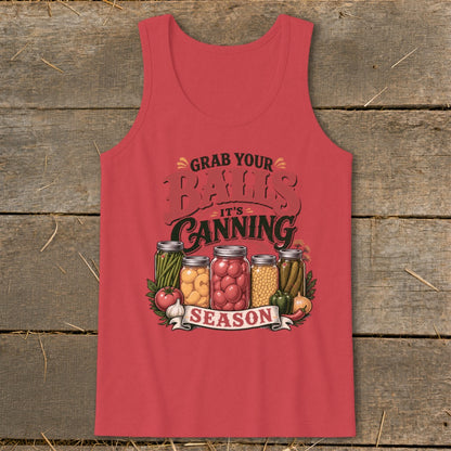Red tank top with graphic "Grab Your Balls It's Canning Season" and jars of vegetables.