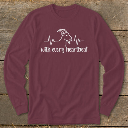 Maroon long-sleeve shirt with white goat heartbeat graphic and text "with every heartbeat".