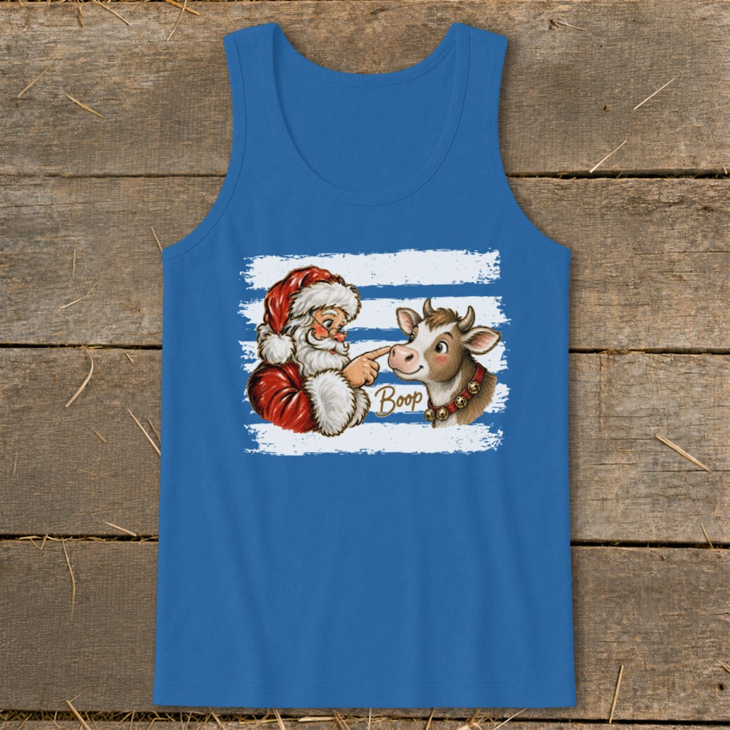 Santa booping a cow with the word "Boop" on a blue tank top.