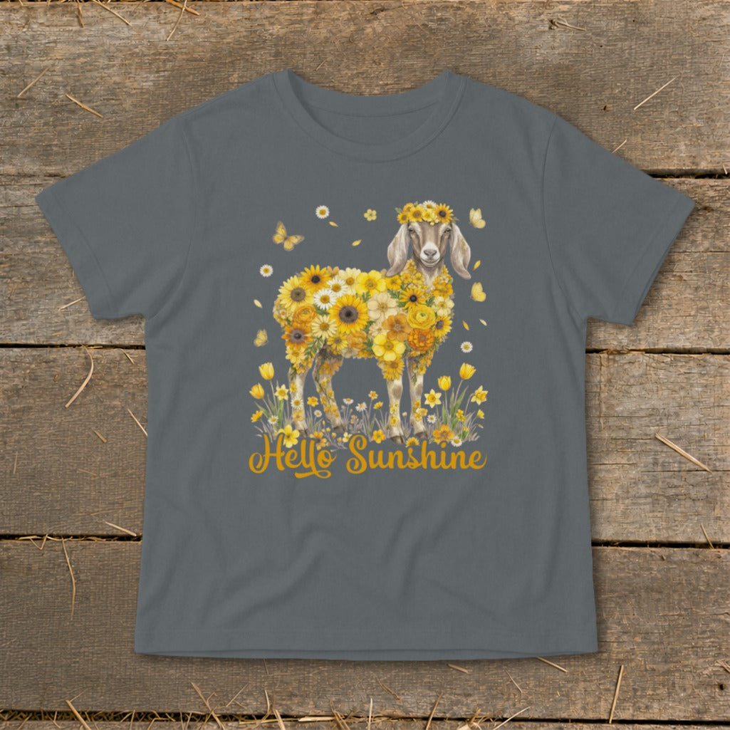 Goat covered in sunflowers with "Hello Sunshine" text below.