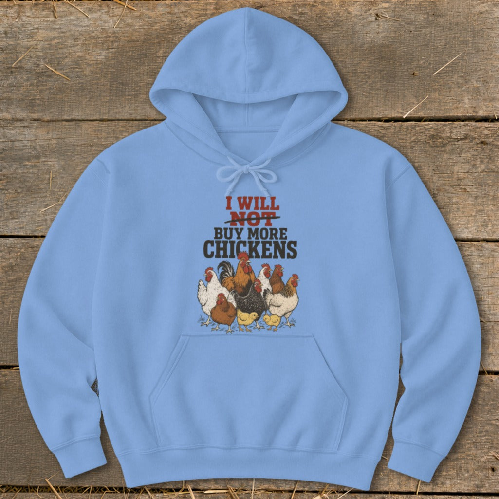 Light blue hoodie with graphic text and chickens.