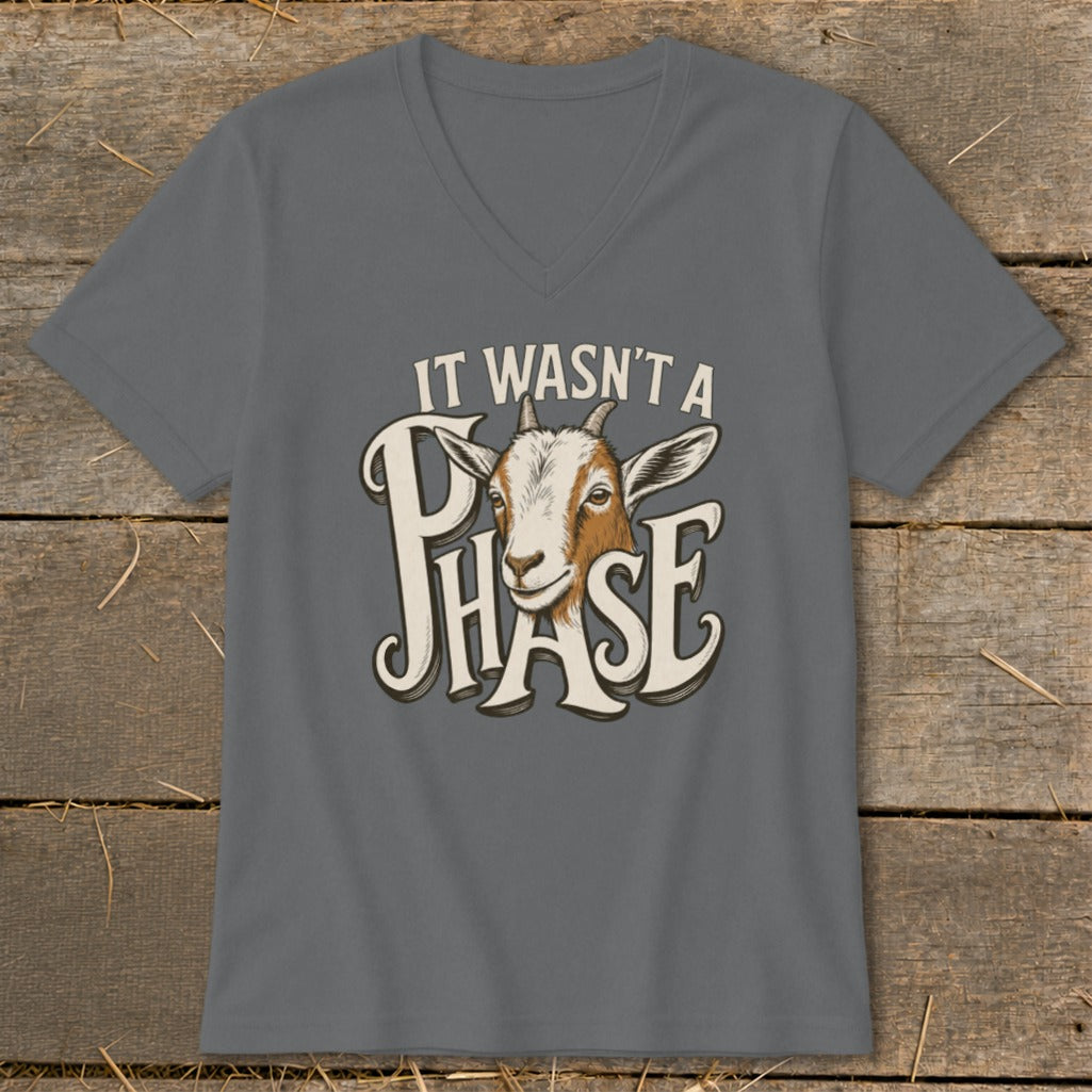 Gray v-neck t-shirt with a goat graphic and text reading "IT WASN'T A PHASE".