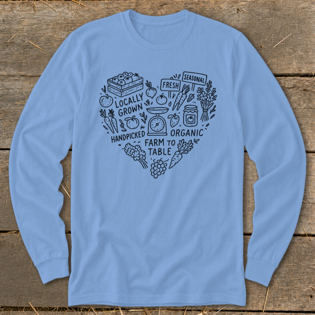 Light blue long-sleeve shirt with heart-shaped farm produce graphic and text.