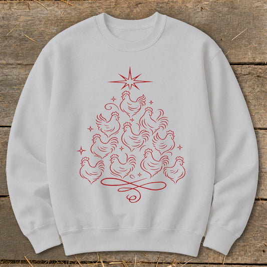 White sweatshirt with red line art chicken Christmas tree design.