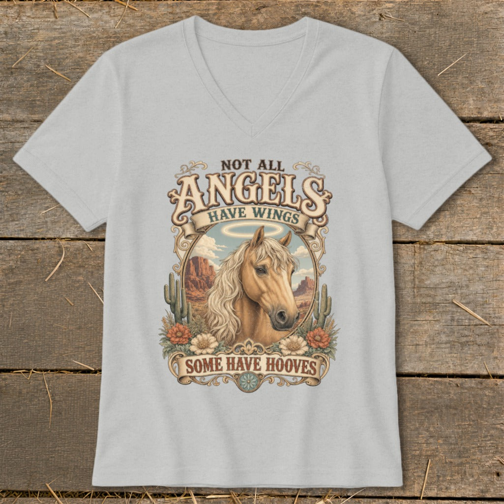Grey t-shirt with horse, desert scene, and text "NOT ALL ANGELS HAVE WINGS SOME HAVE HOOVES".