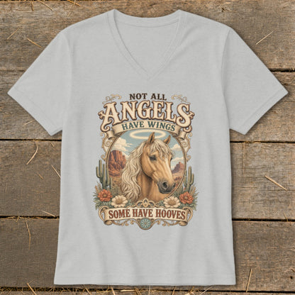 Grey t-shirt with horse, desert scene, and text "NOT ALL ANGELS HAVE WINGS SOME HAVE HOOVES".