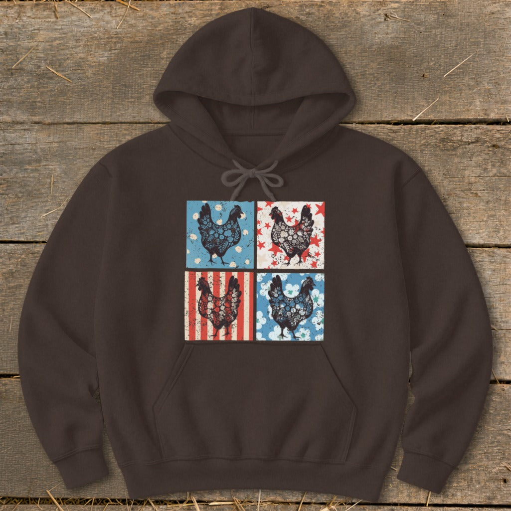 Brown hoodie with four squares of chickens against patriotic backgrounds.