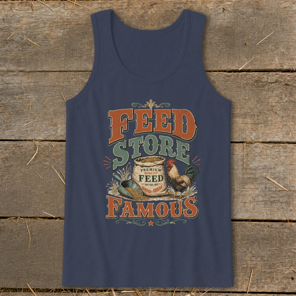 Navy tank top with "Feed Store Famous" text, feed bag, scoop, and rooster graphic.