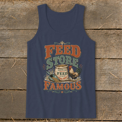 Navy tank top with "Feed Store Famous" text, feed bag, scoop, and rooster graphic.