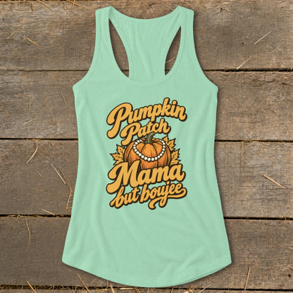 Light green tank top with "Pumpkin Patch Mama but boujee" text and pumpkin graphic.