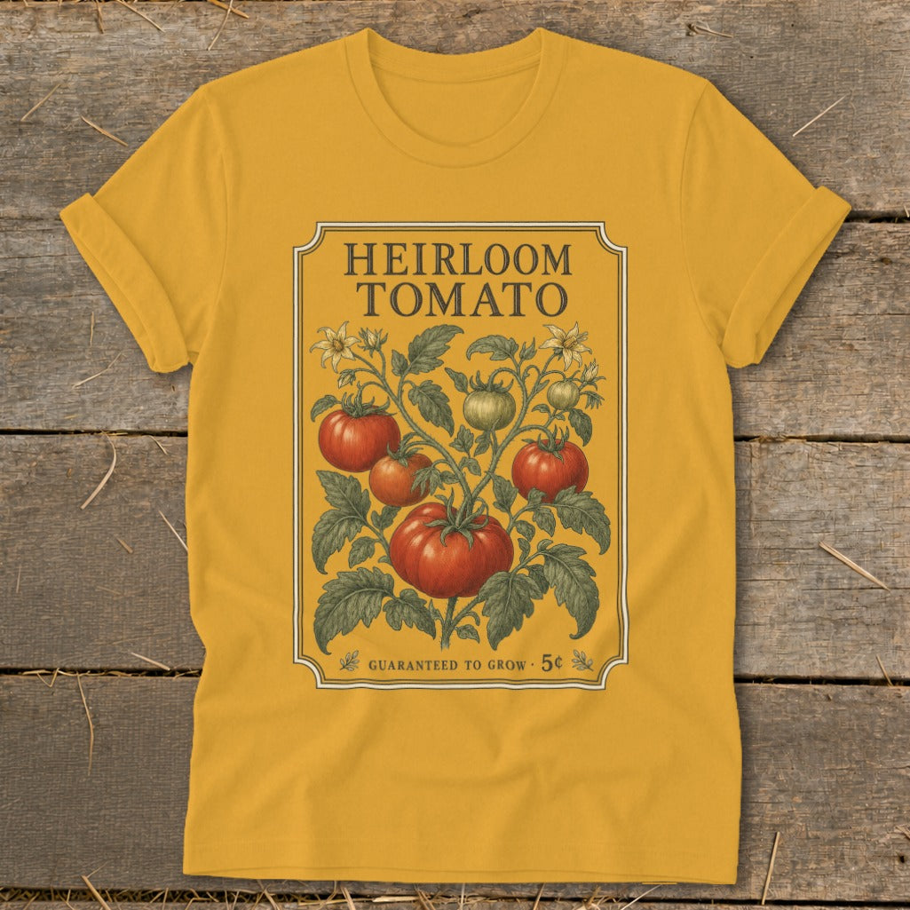Heirloom Tomato design with illustration of tomato plant and "Guaranteed to Grow - 5c" text.