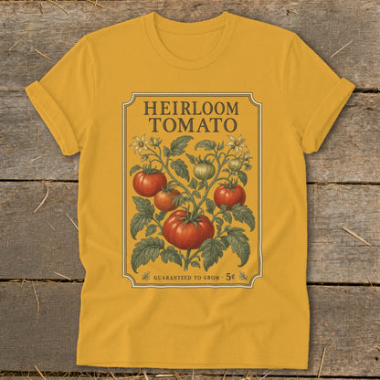 Heirloom Tomato design with illustration of tomato plant and "Guaranteed to Grow - 5c" text.