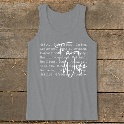 Gray tank top with white text listing traits for "Farm Wife."