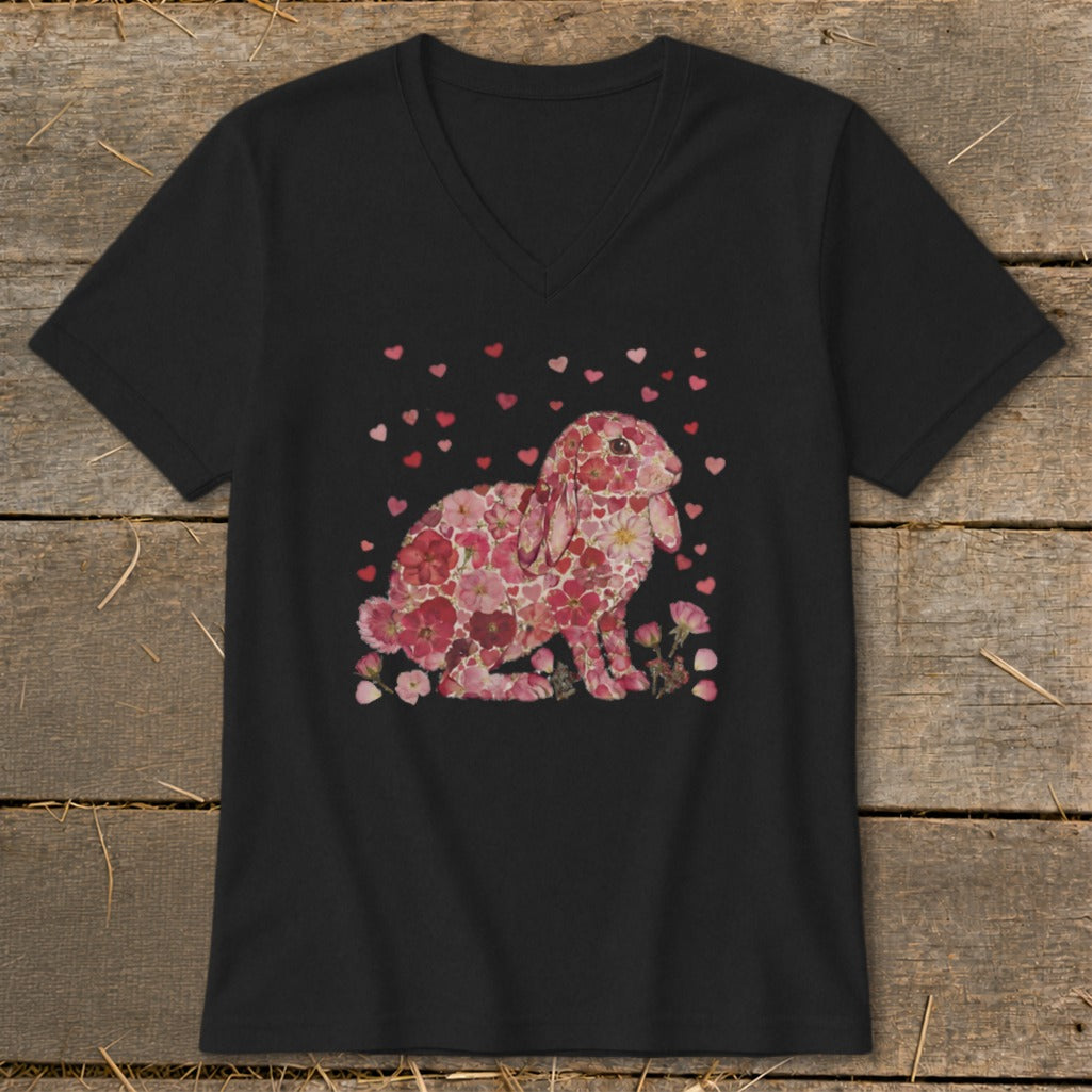 Black v-neck t-shirt with a rabbit made of pink flowers and scattered hearts.